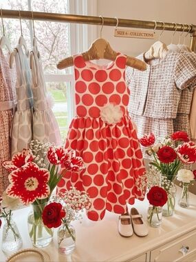 The Communion Collection Girl's Cream&Coral Dot Scalloped hem Dress; Size 6, NWT